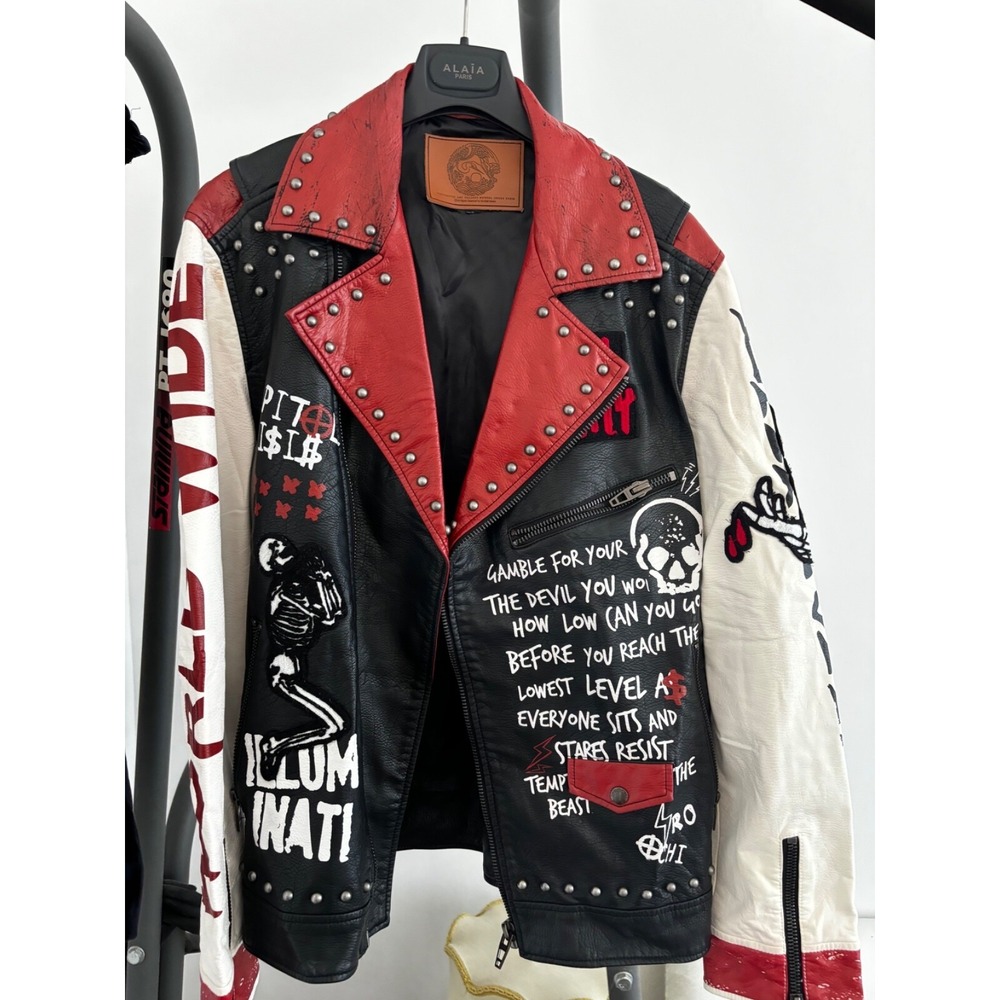 Iro-Ochi Mens Studded Faux Leather Moto Jacket Black White Red Punk Graphic XL